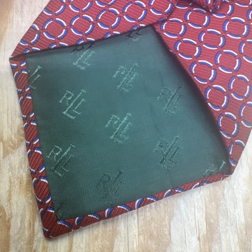 Ralph Lauren LRL Necktie Red Blue White Circle Print 100% Silk Classic Preppy‎